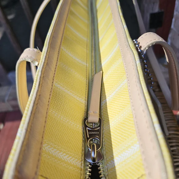 Coach Yellow and White Stripe Canvas Tote with Leather Trim - Picture 4 of 7